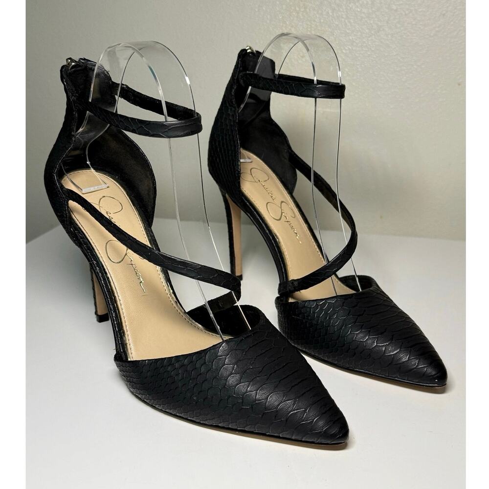 Jessica Simpson Black Snakeskin Pointed Toe Strappy Heels Size 8.5